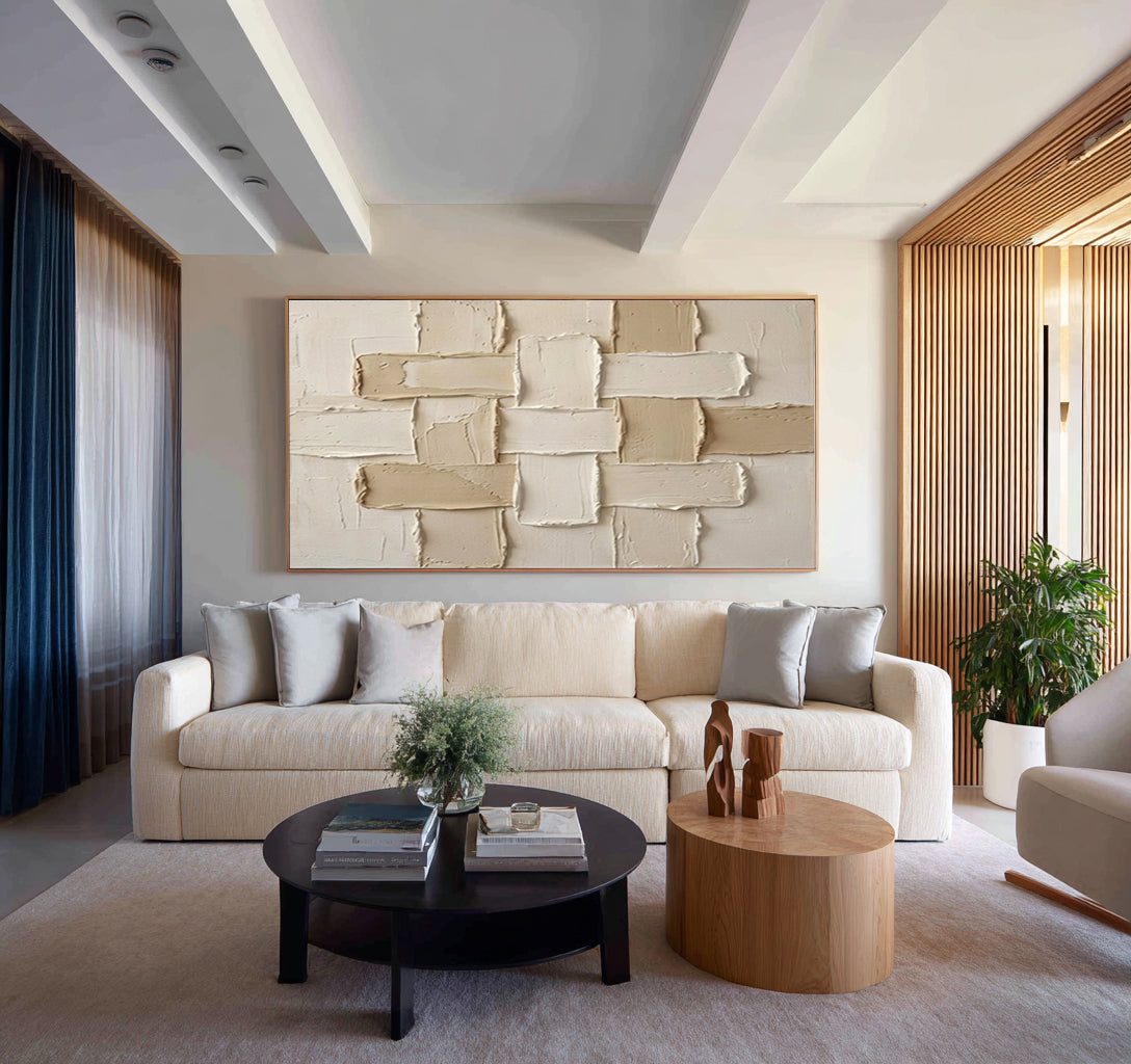 Large Neutral Woven Texture Wall Art Hand Painted Abstract Canvas | KeiraArt