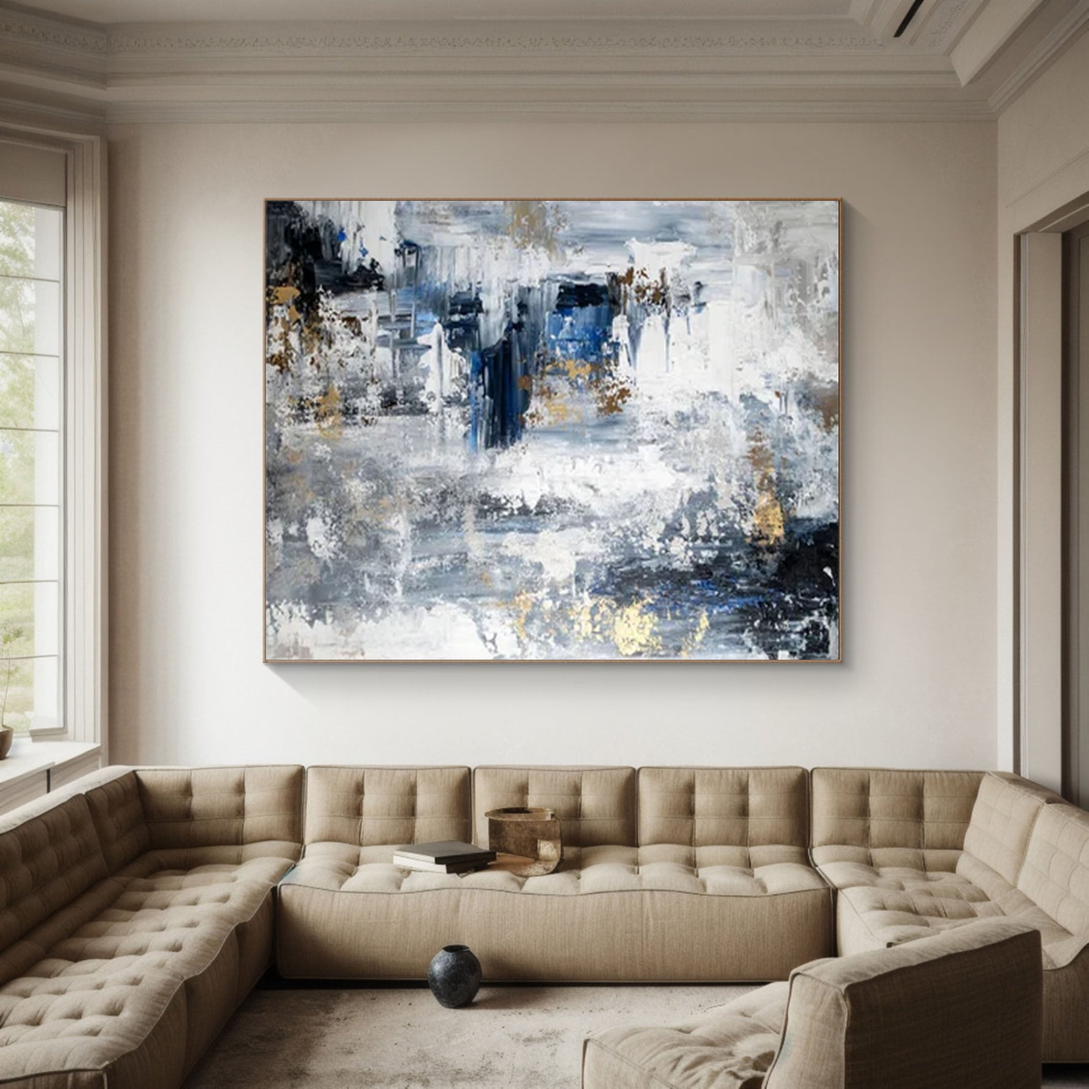 Large Modern Abstract Wall Art Blue and Metallic Painting #AP 063