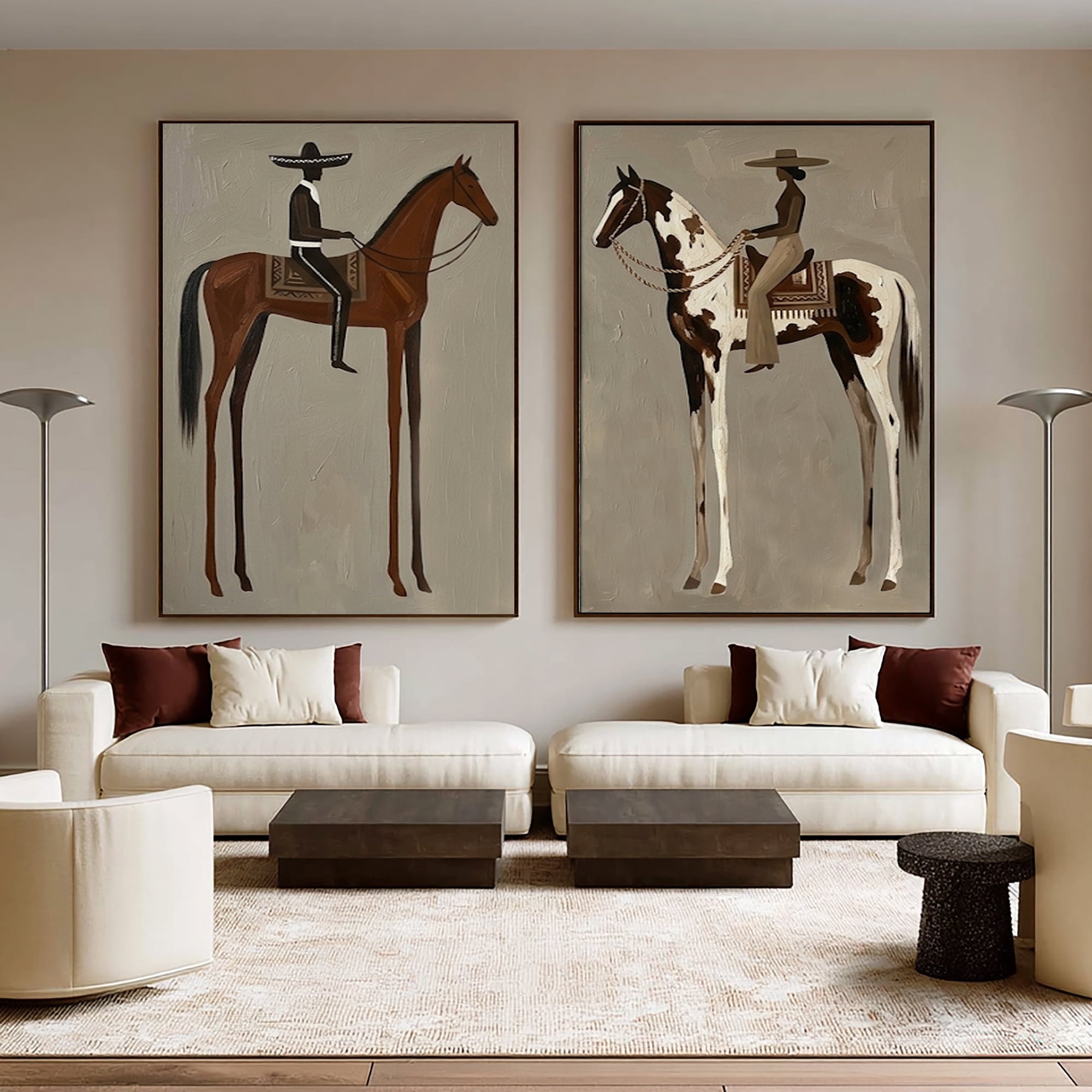 Large Cowboy Cowgirl Wall Art Western Ranch Horse Oil Painting Diptych | KeiraArt