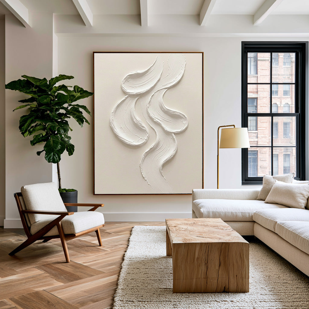 Large Textured White Wall Art Abstract Oil Painting Minimalist Sculptural Relief Artwork Neutral Modern Luxury Home Decor