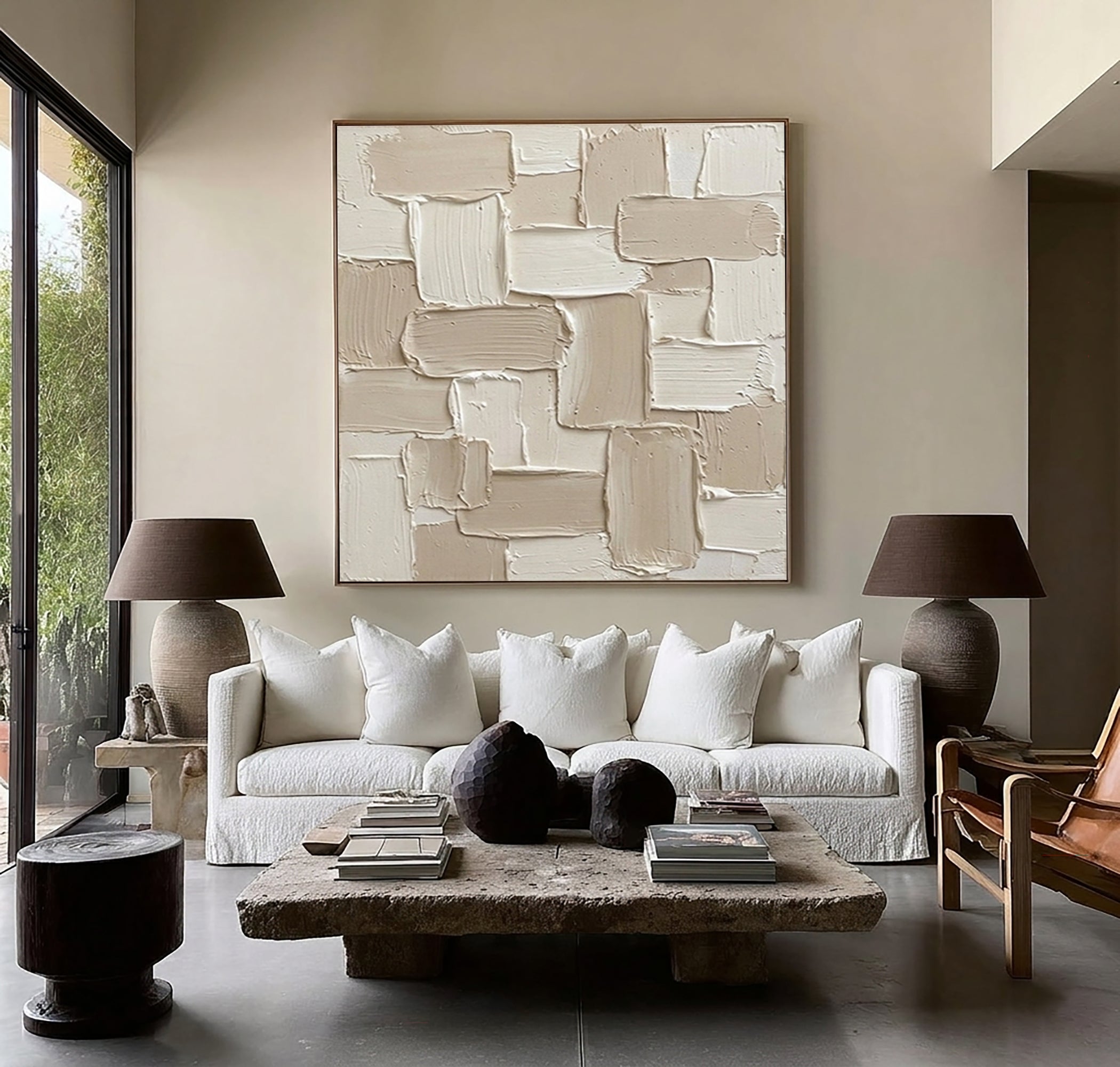 Large Layered Architectural Block Wall Art Neutral Contemporary Sculptural Painting