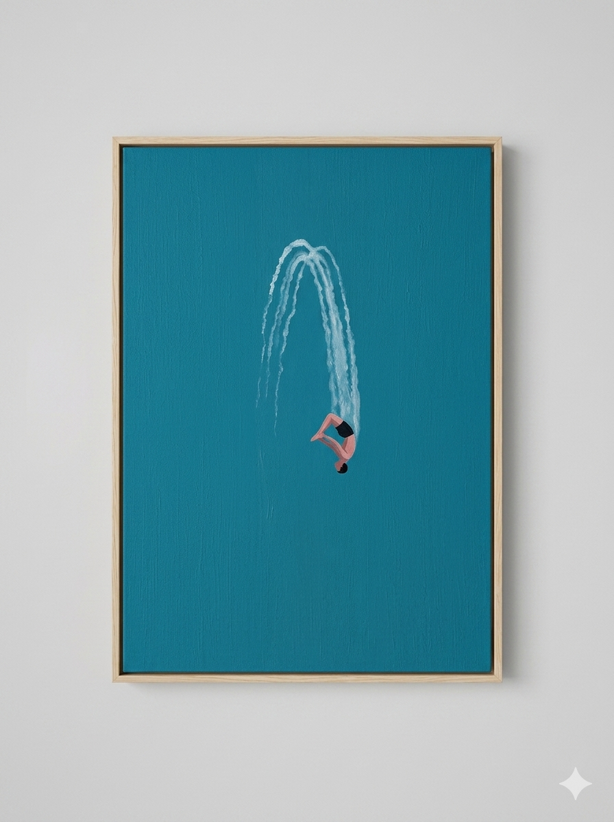 Large Contemporary Diver Wall Art Minimalist Blue Ocean Painting 