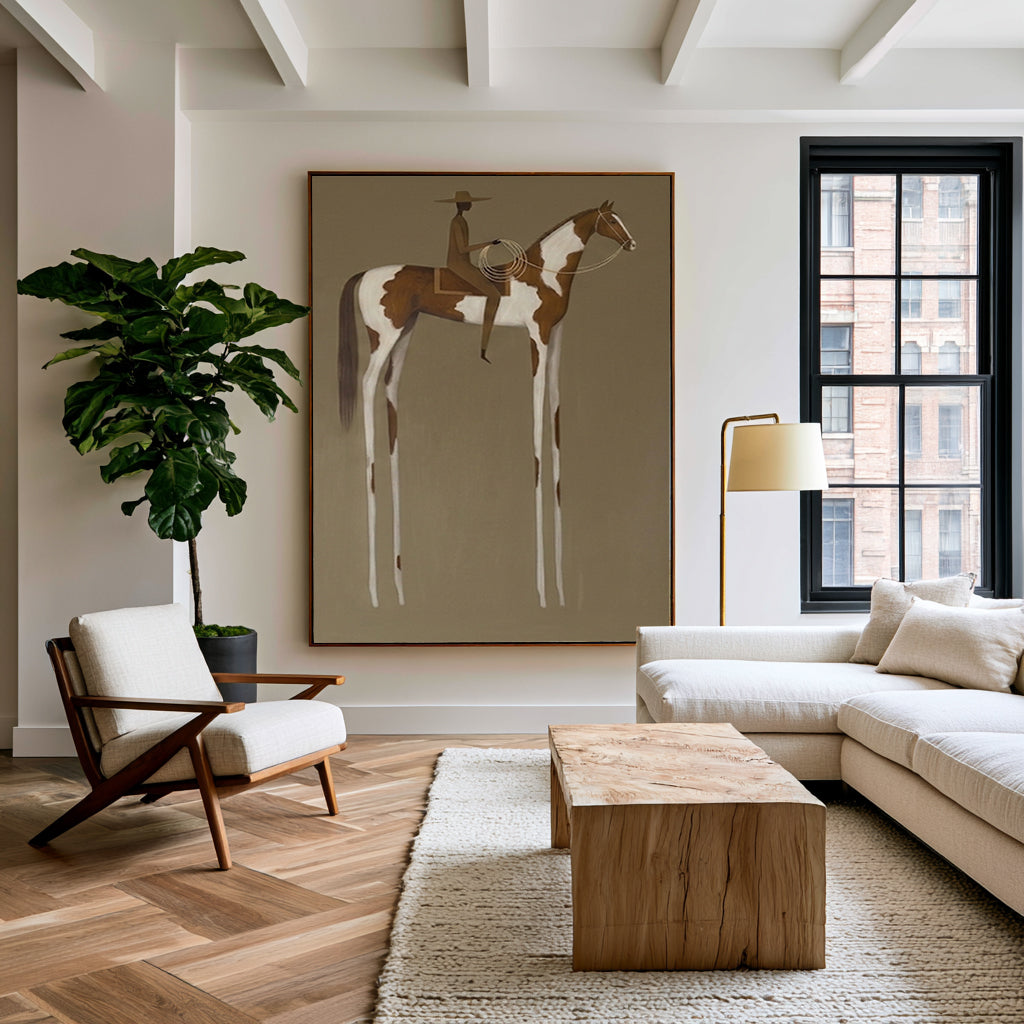 Large Vintage Americana Wall Art Cowboy Cowgirl Rider Horse Painting Western Landscape Abstract Oil Artwork Rustic Contemporary Interior Decor