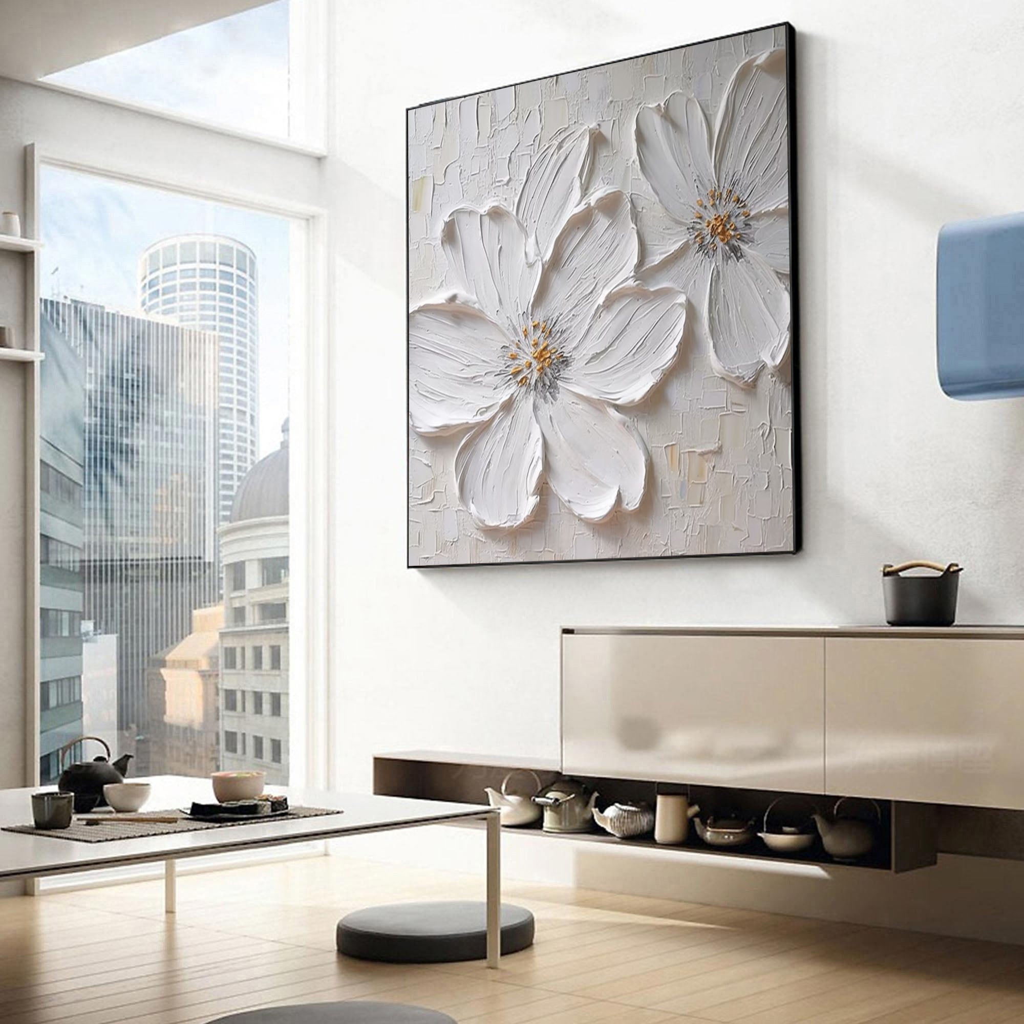 Minimalist White Flower Wall Art Textured Painting for Modern Homes #FT 018