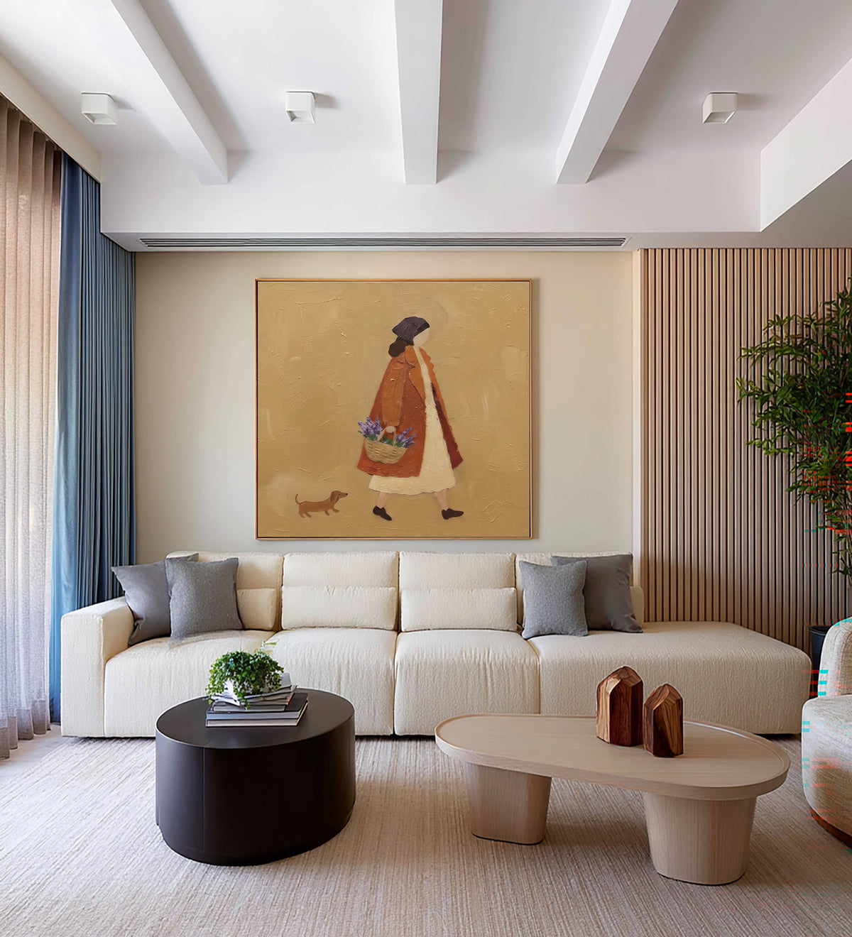 The Quiet Pleasure Of Wandering Original Figurative Painting Woman Dog Floral Basket European Interior Wall Art