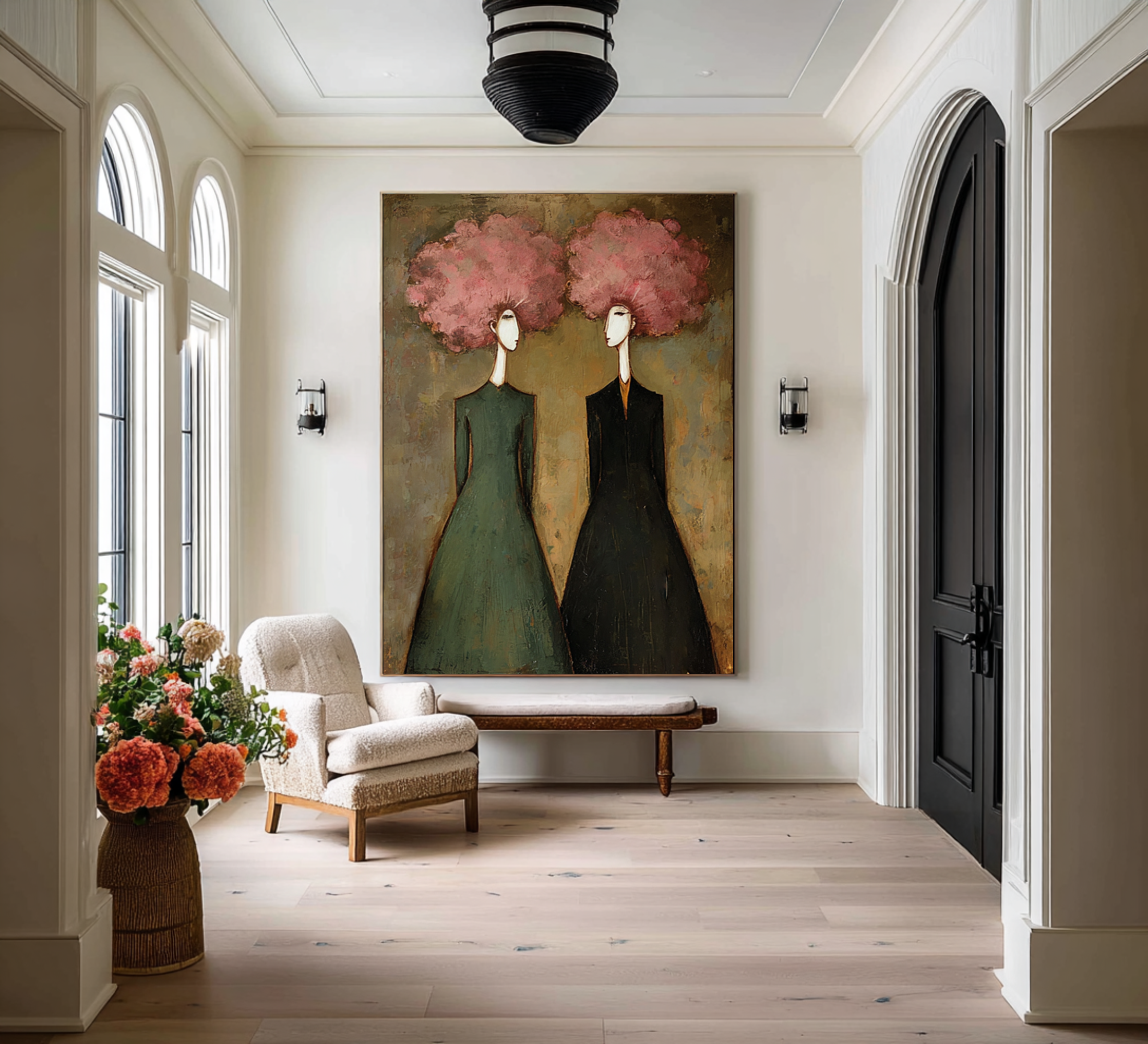 Elegant Figurative Oil Painting in Green and Pink #CZ 050