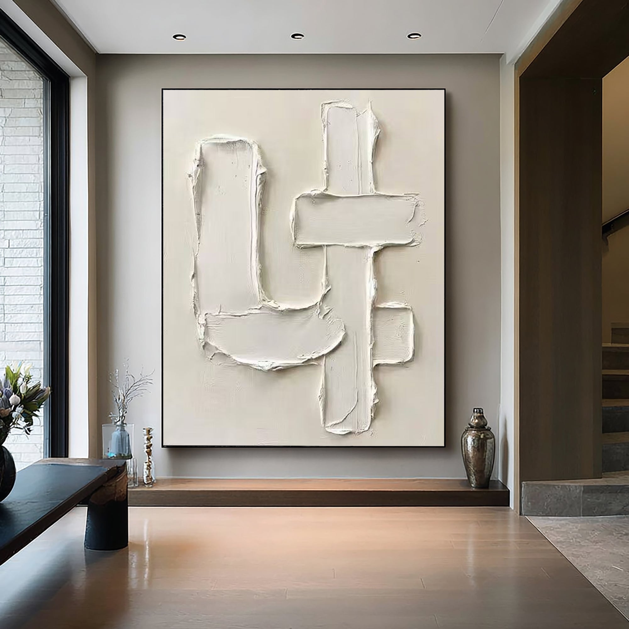 Large Contemporary Abstract Texture Painting in Soft Ivory and Beige