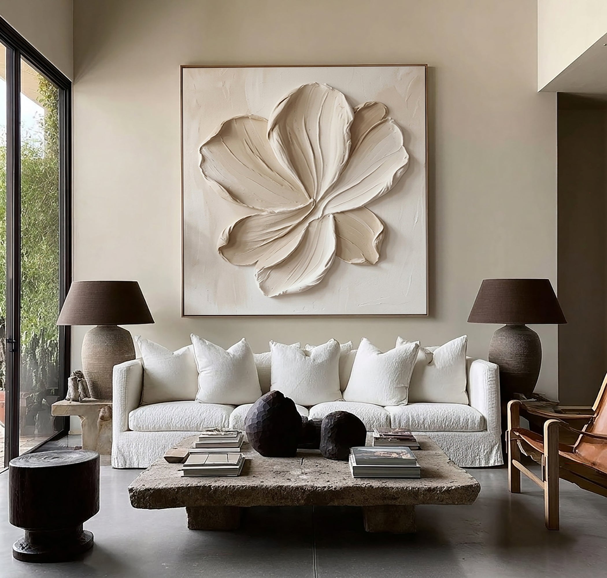 Large Organic Bloom Wall Art Neutral Contemporary Floral Texture Painting 