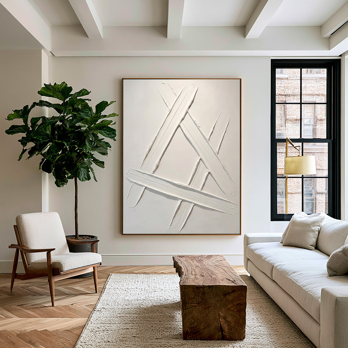 Architectural Lines Sculptural White Abstract Artwork Handmade Textured Geometric Painting Contemporary Wall Decor