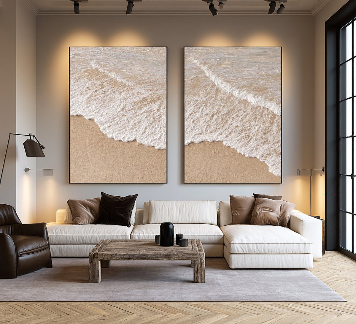 Large Modern Ocean Wave Diptych Wall Art Beige White Textured Oil Painting Coastal Seascape Two Piece Canvas Set Living Room Decor