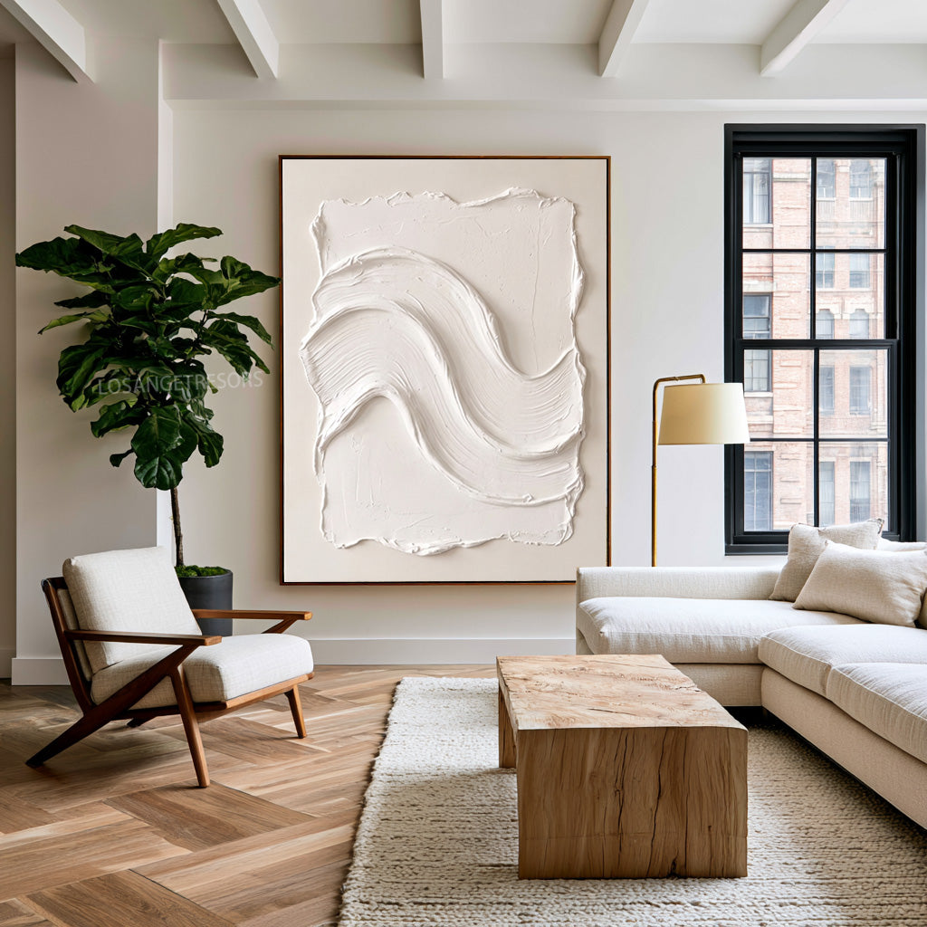 Large Minimalist White Wall Art Textured Oil Painting Abstract Wave Relief Artwork Modern Neutral Interior Decor