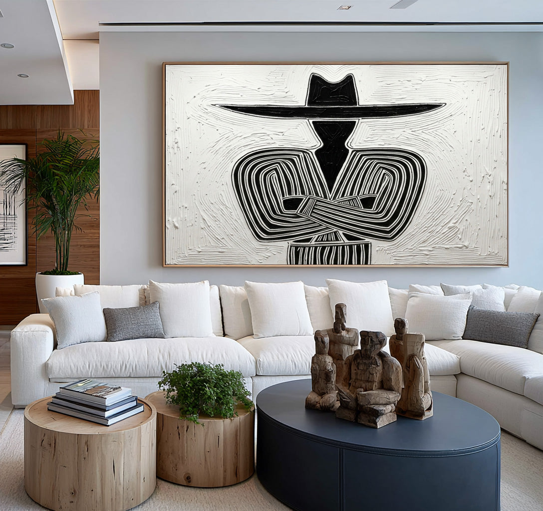 Large Textured Western Cowboy Painting Black White Rustic Wall Art