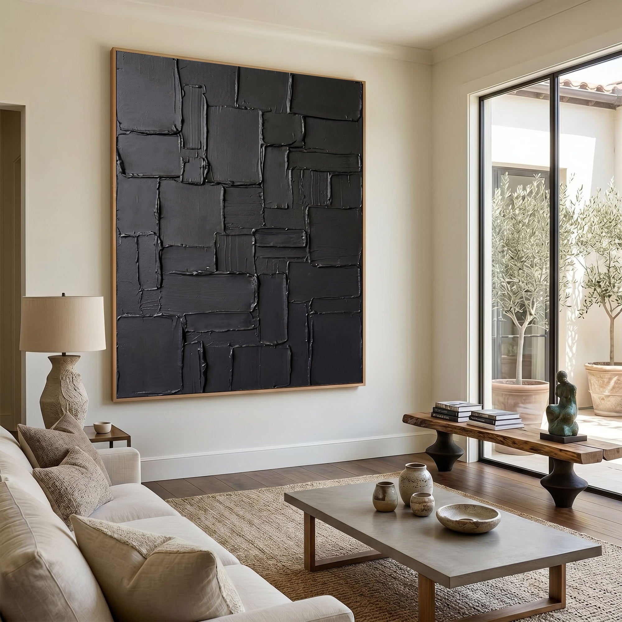 Large Black Abstract Wall Art Geometric Textured Oil Painting Modern Impasto Contemporary Interior Decor