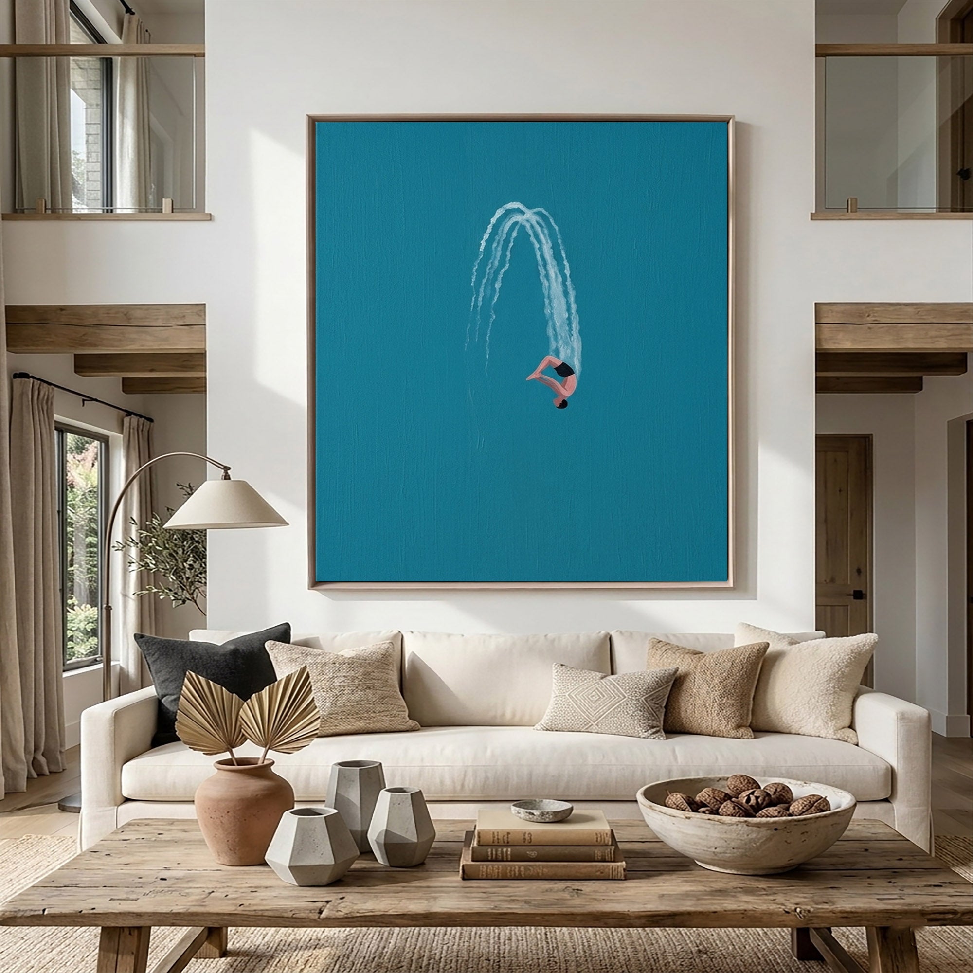Large Contemporary Diver Wall Art Minimalist Blue Ocean Painting 