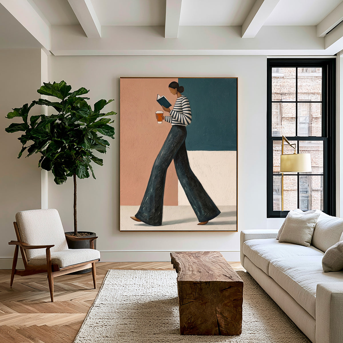 Contemporary Female Figure Painting Striped Shirt Coffee Wall Art