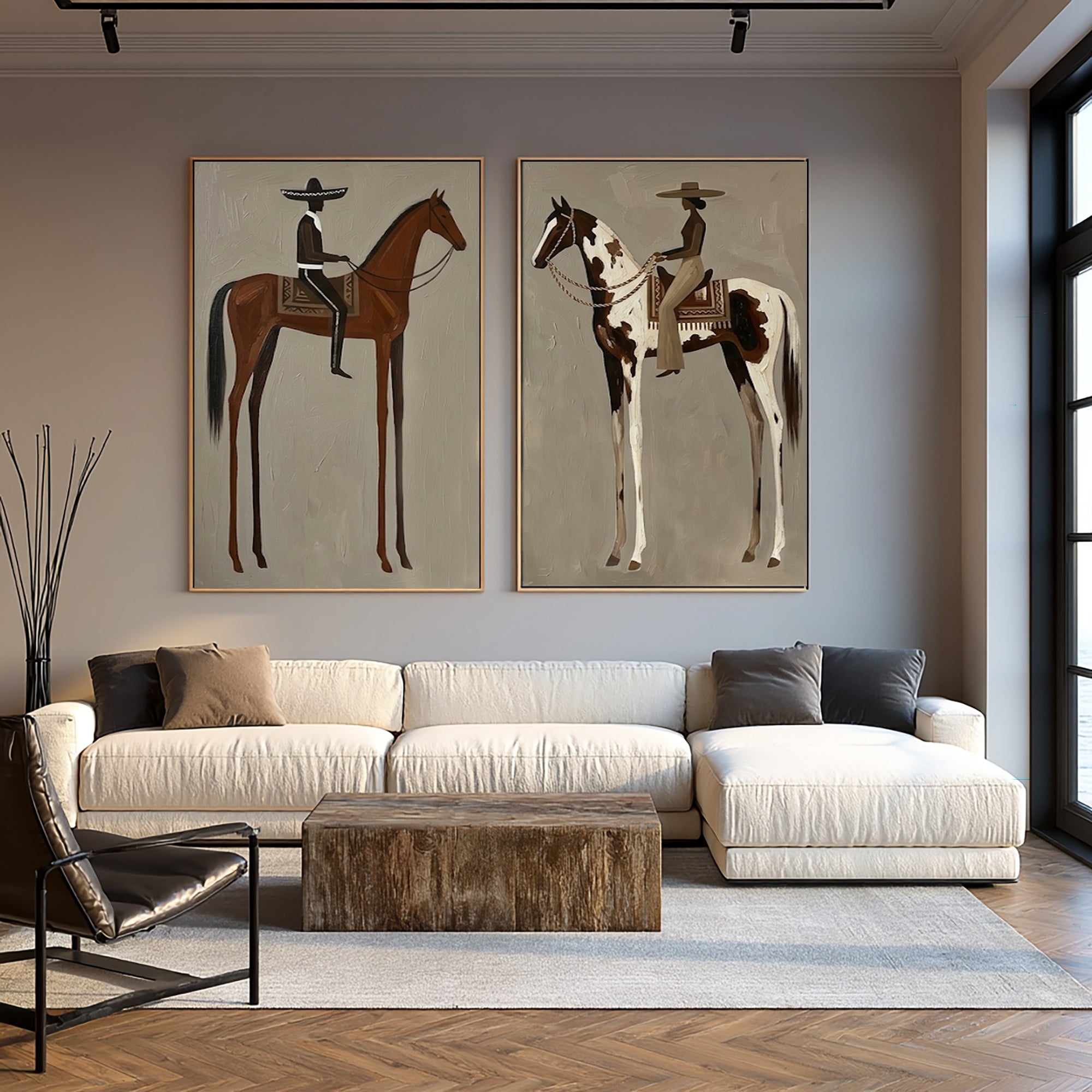 Large Cowboy Cowgirl Wall Art Western Ranch Horse Oil Painting Diptych | KeiraArt