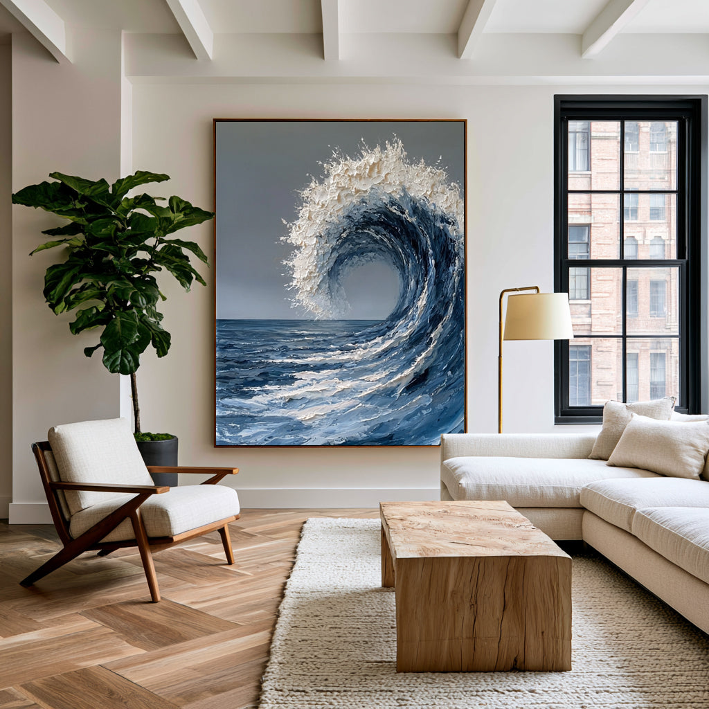 Large Textured Ocean Wave Wall Art Abstract Oil Painting Blue Sea Foam Coastal Artwork Modern Beach House Luxury Decor