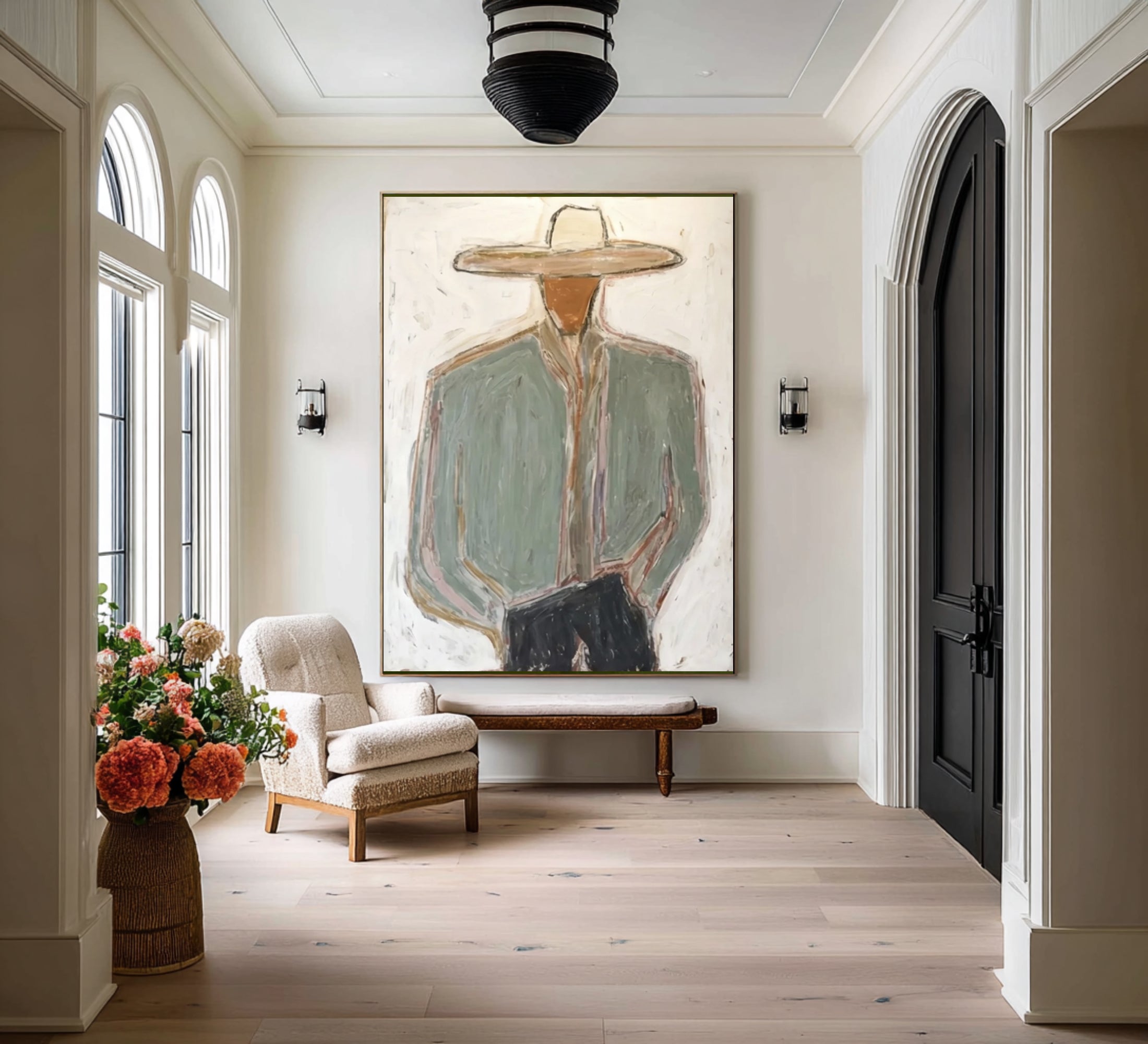Contemporary Western Cowboy Portrait Painting Large Neutral Wall Decor