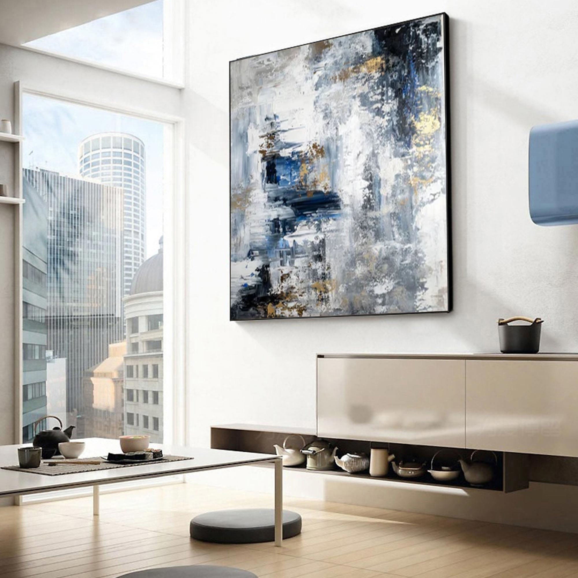 Large Modern Abstract Wall Art Blue and Metallic Painting #AP 068