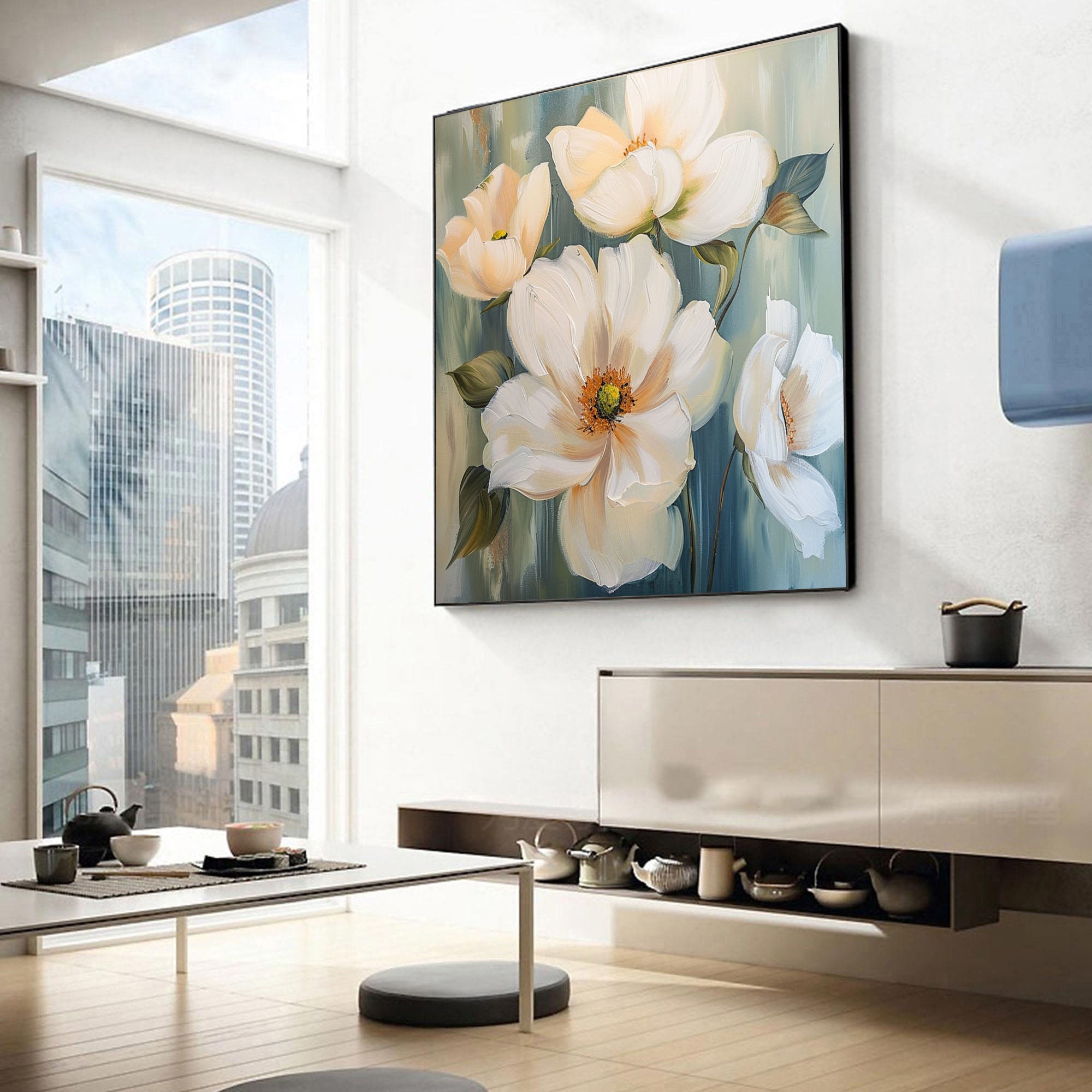 Large Floral Wall Art Tranquil White Blooms on Canvas #FT 019