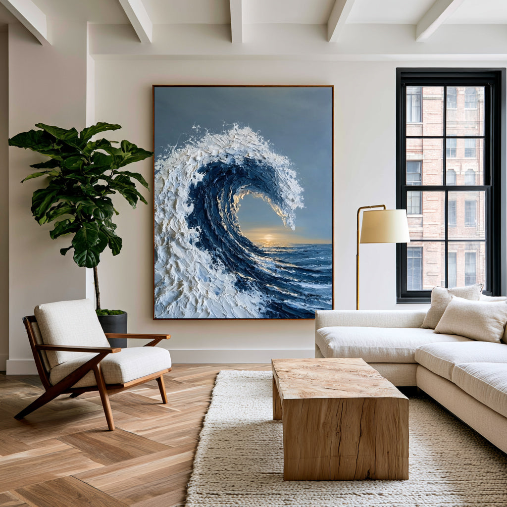 Large Textured Ocean Wave Wall Art Abstract Oil Painting Blue Sea Sunset Horizon Coastal Artwork Modern Home Interior Decor