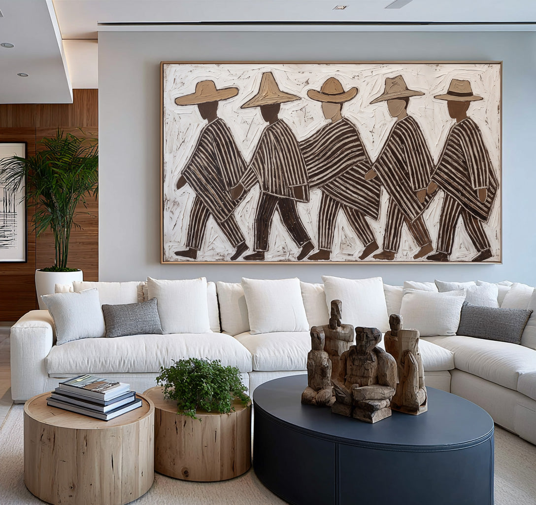 Southwestern Wall Art, Five Walking Figures Painting, Hand Painted Textured Folk Art