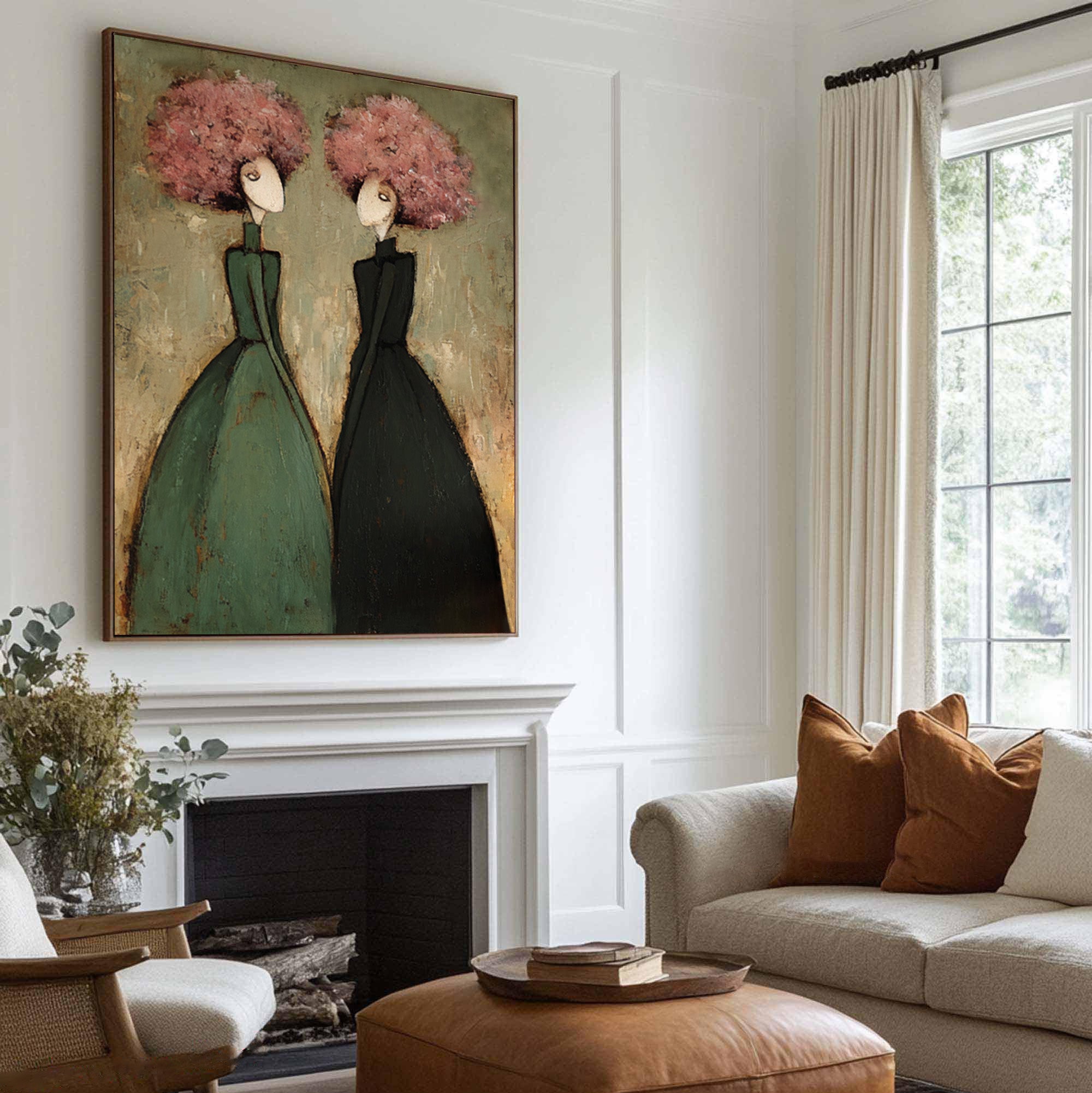 Green Figurative Oil Painting of Two Women #CZ 033