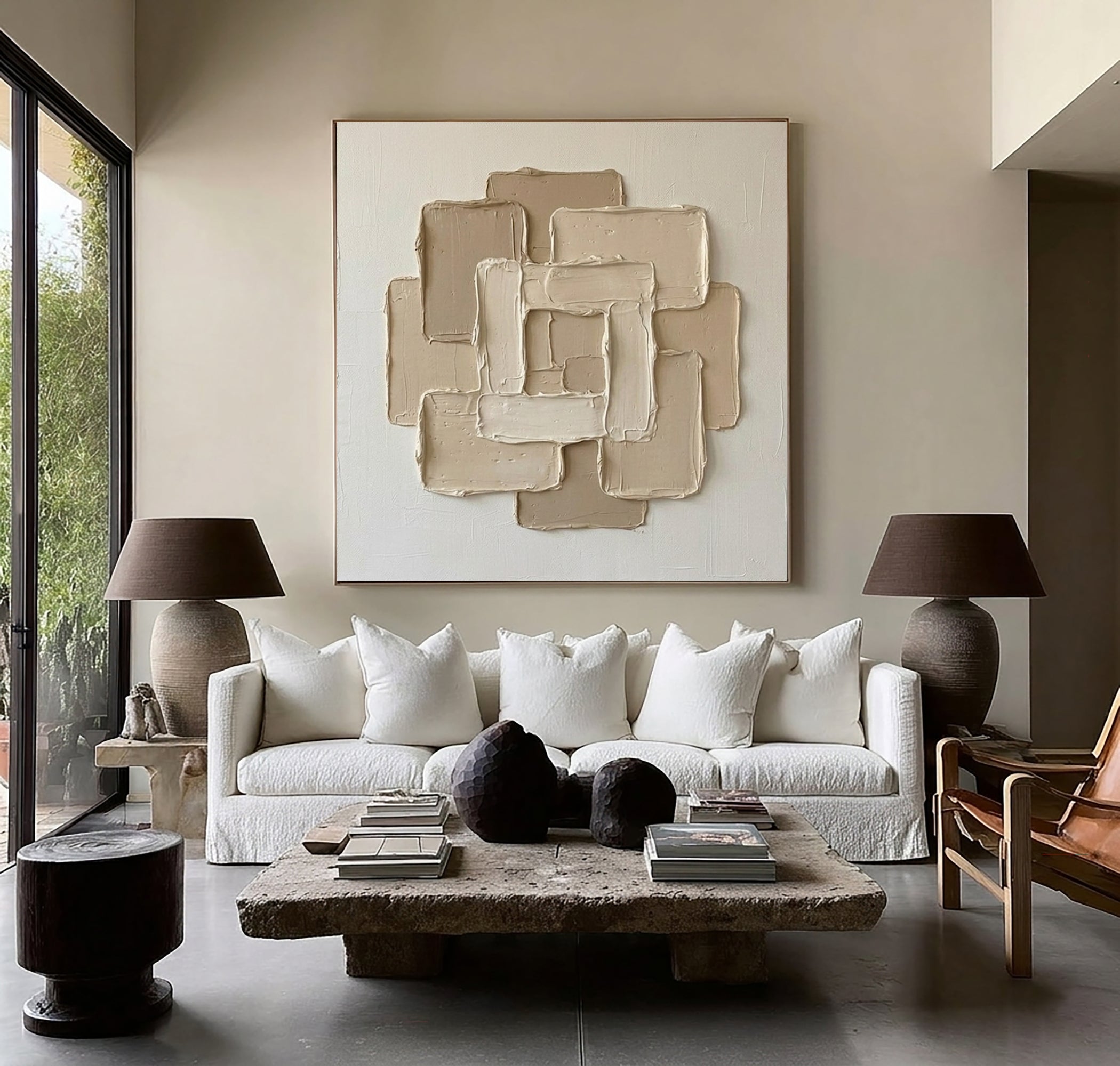 Large Geometric Relief Oil Painting – Neutral Contemporary Canvas Art