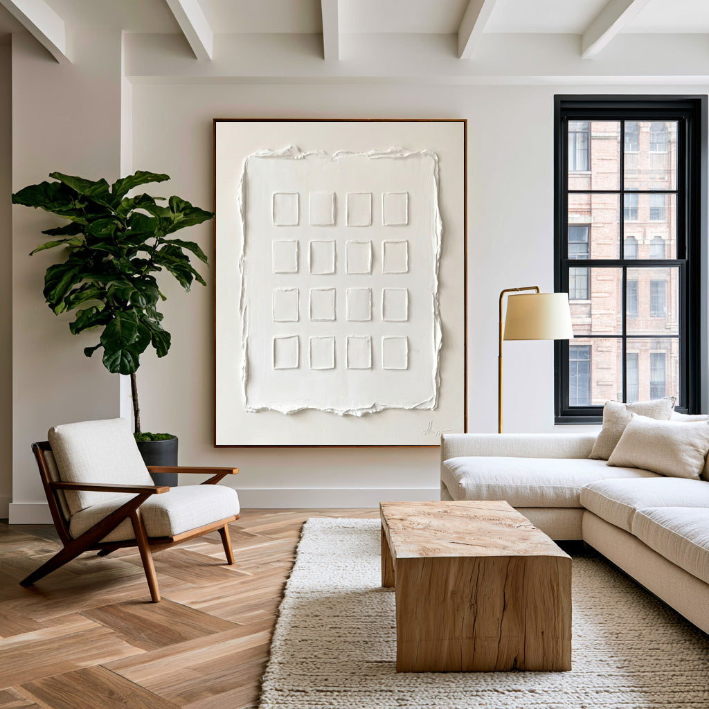 Large Minimal Geometric Relief Wall Art Ivory White Textured Abstract Painting Modern Home Decor