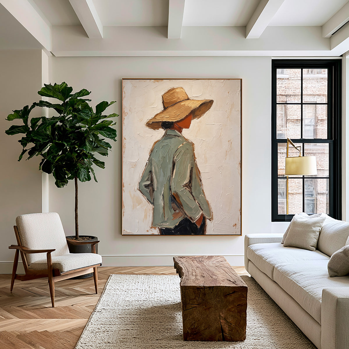 Large Textured Western Oil Painting Modern Cowboy Hat Portrait Wall Art