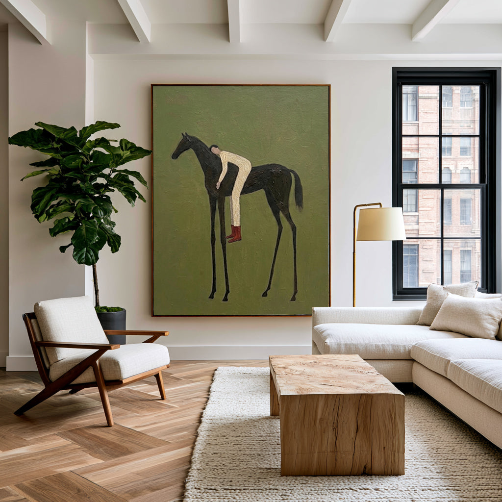 Large Minimal Equestrian Wall Art Horse Rider Oil Painting Cowboy Cowgirl Inspired Vintage Americana Western Artwork Modern Interior Decor