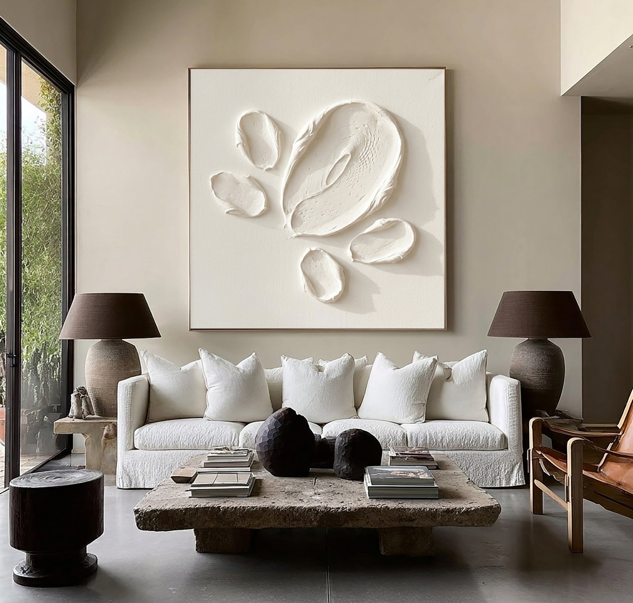 Large Contemporary Textured Oil Painting in Neutral White for Modern Home Decor 