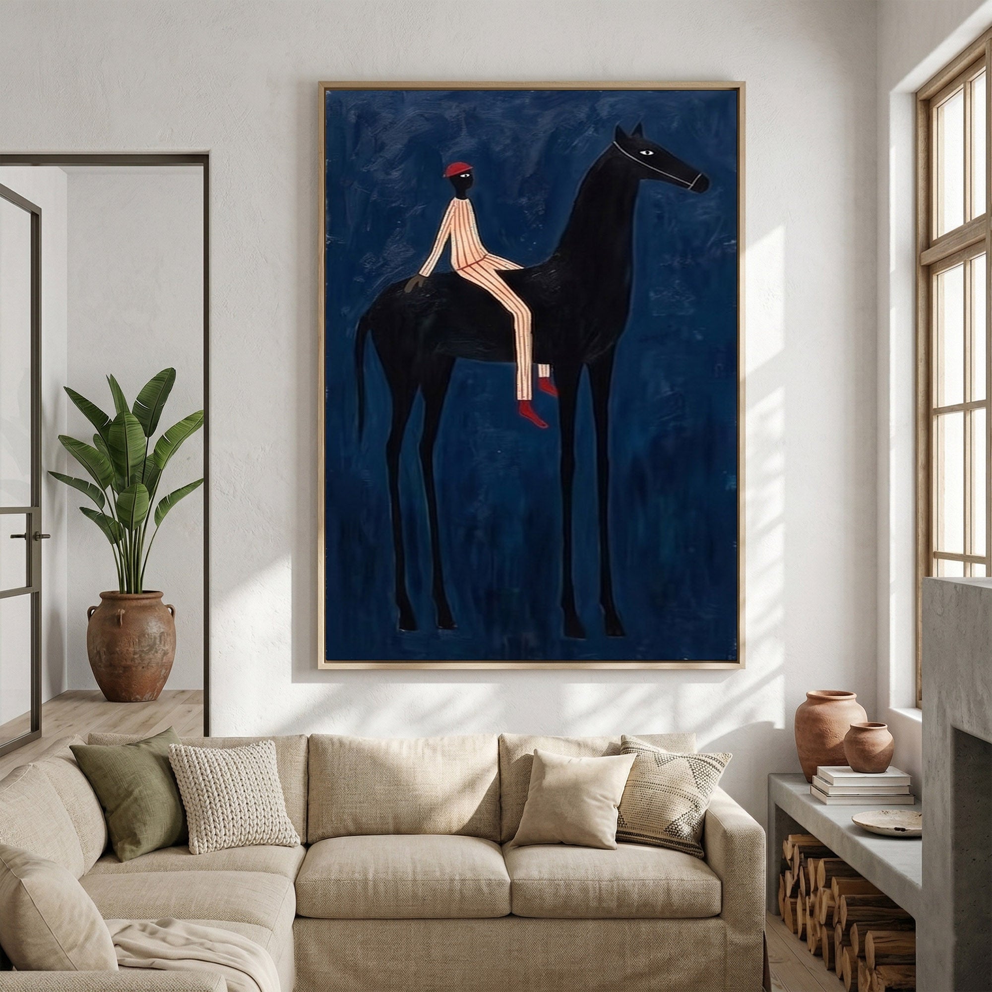 Large Midnight Cowboy Wall Art Modern Equestrian Painting