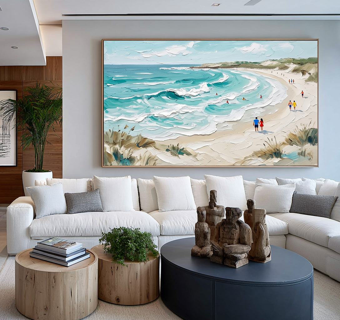Large Textured Ocean Painting White Sea Foam Turquoise Waves Beach Wall Art