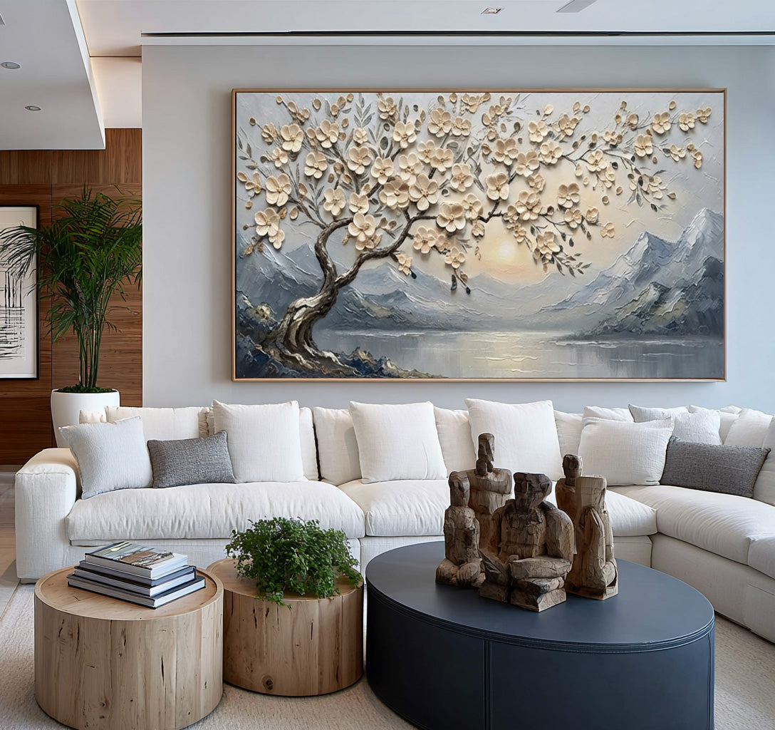 Large Textured Blossom Tree Painting Peaceful Mountain Lake Wall Art