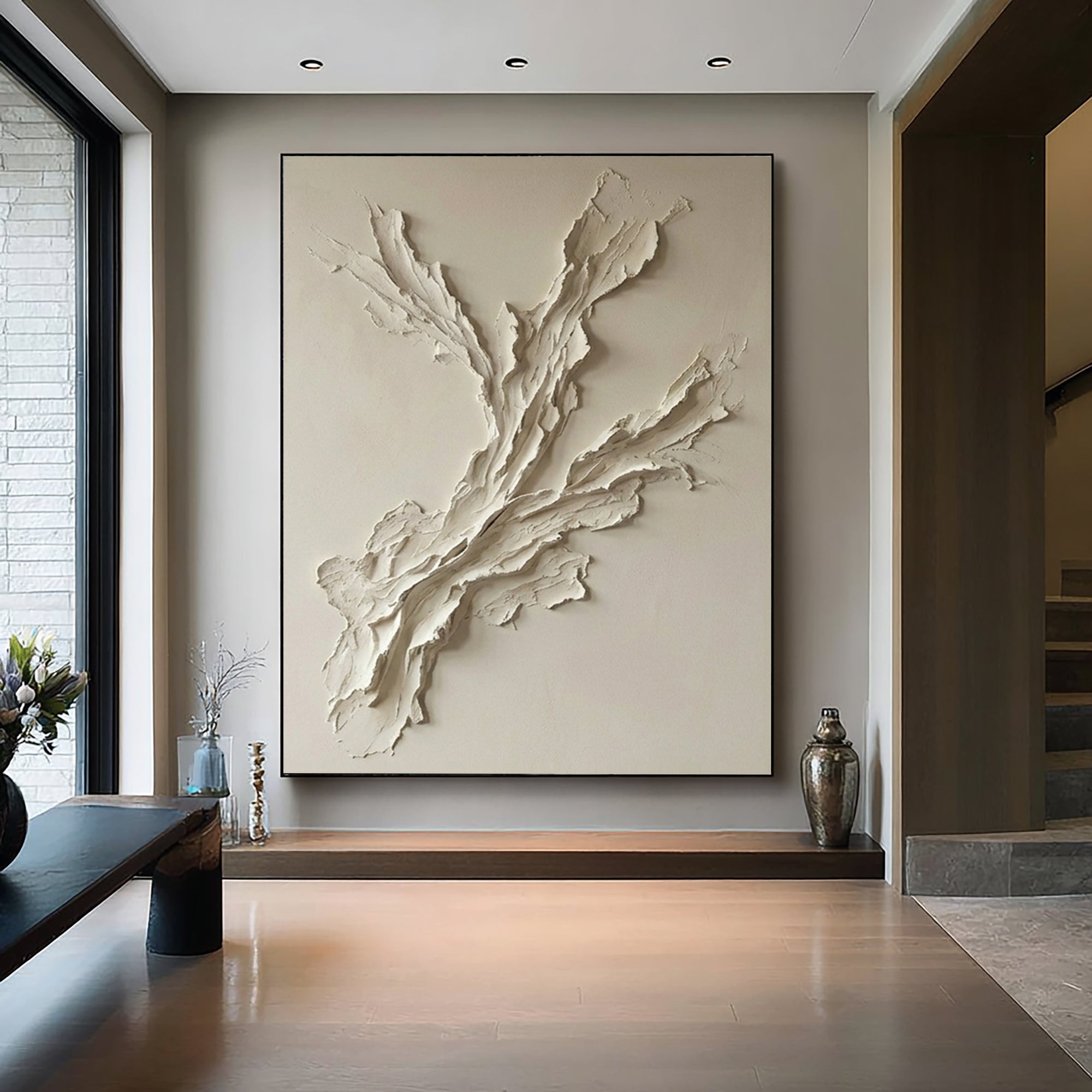 Large Abstract Neutral Oil Painting with Sculptural Branch Texture Design