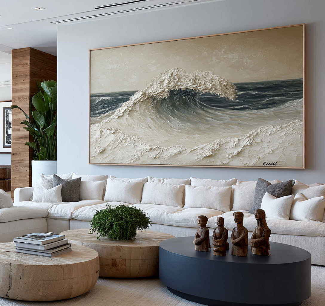Large Abstract Ocean Wave Wall Art Textured Oil Painting Seascape Cowboy Cowgirl Inspired Vintage Americana Western Artwork Modern Home Decor