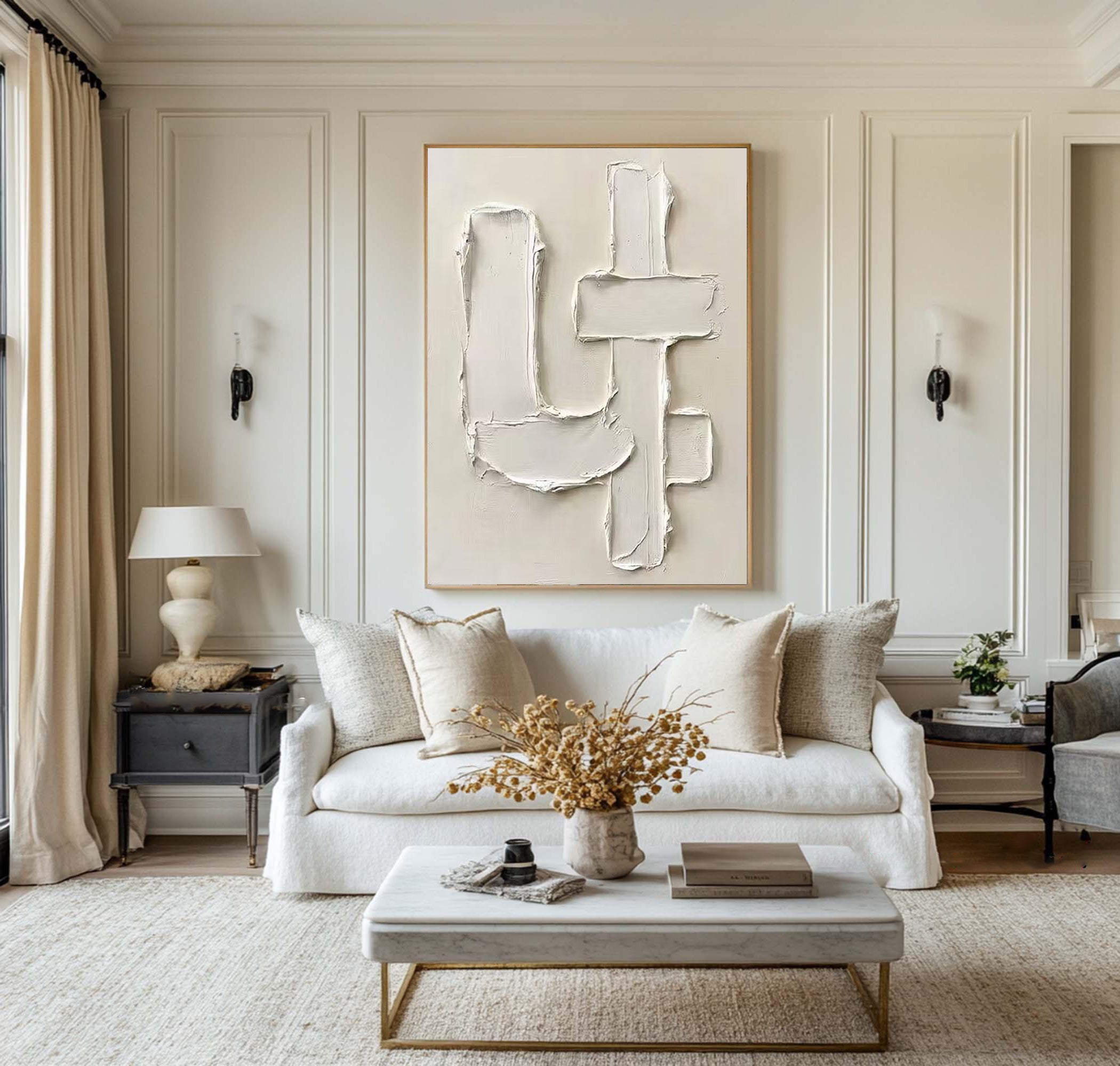 Large Contemporary Abstract Texture Painting in Soft Ivory and Beige