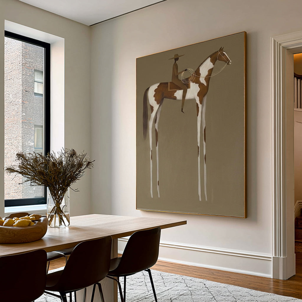 Large Vintage Americana Wall Art Cowboy Cowgirl Rider Horse Painting Western Landscape Abstract Oil Artwork Rustic Contemporary Interior Decor
