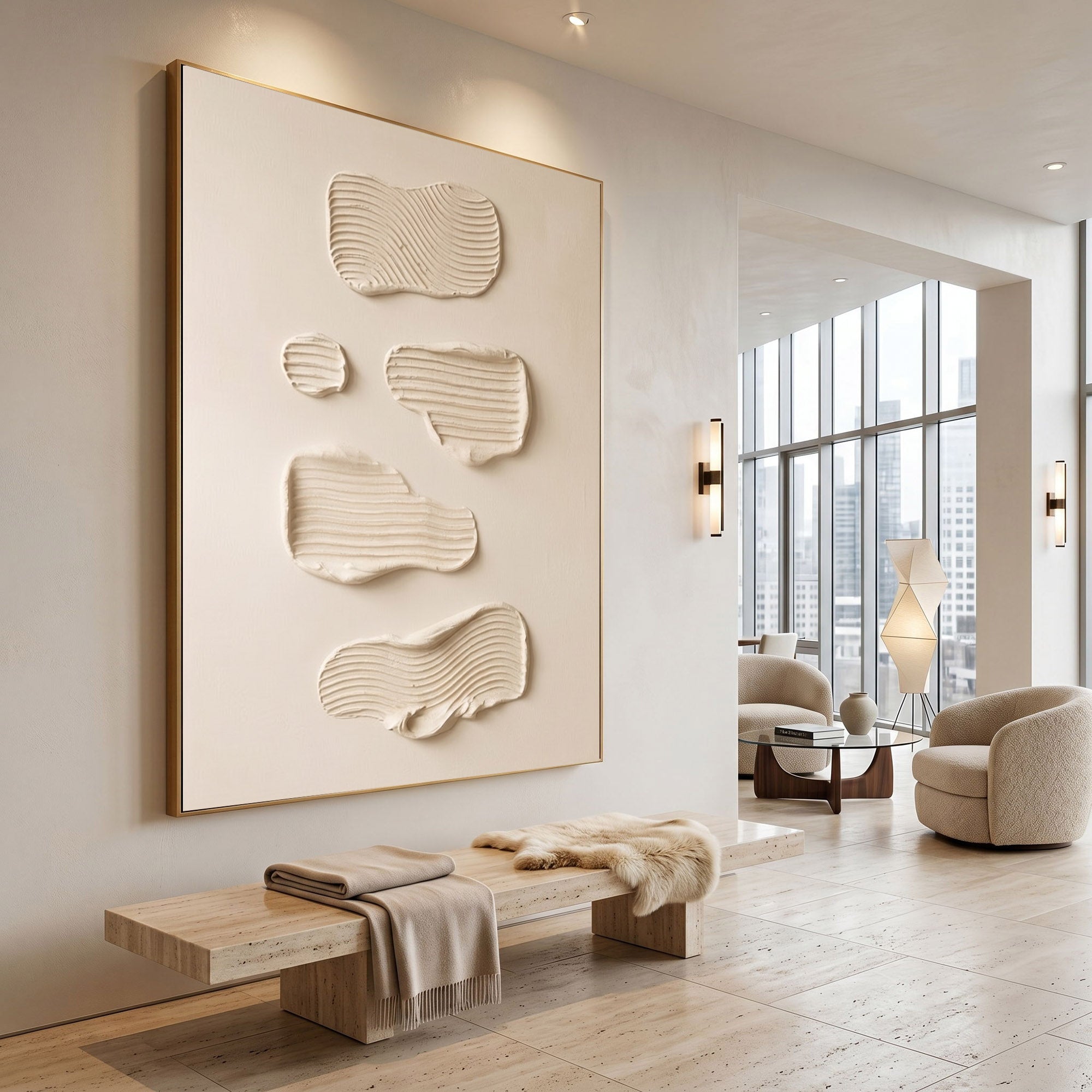 Large Modern Abstract Textured Wall Art Organic Plaster Painting Neutral Minimalist Interior Decor
