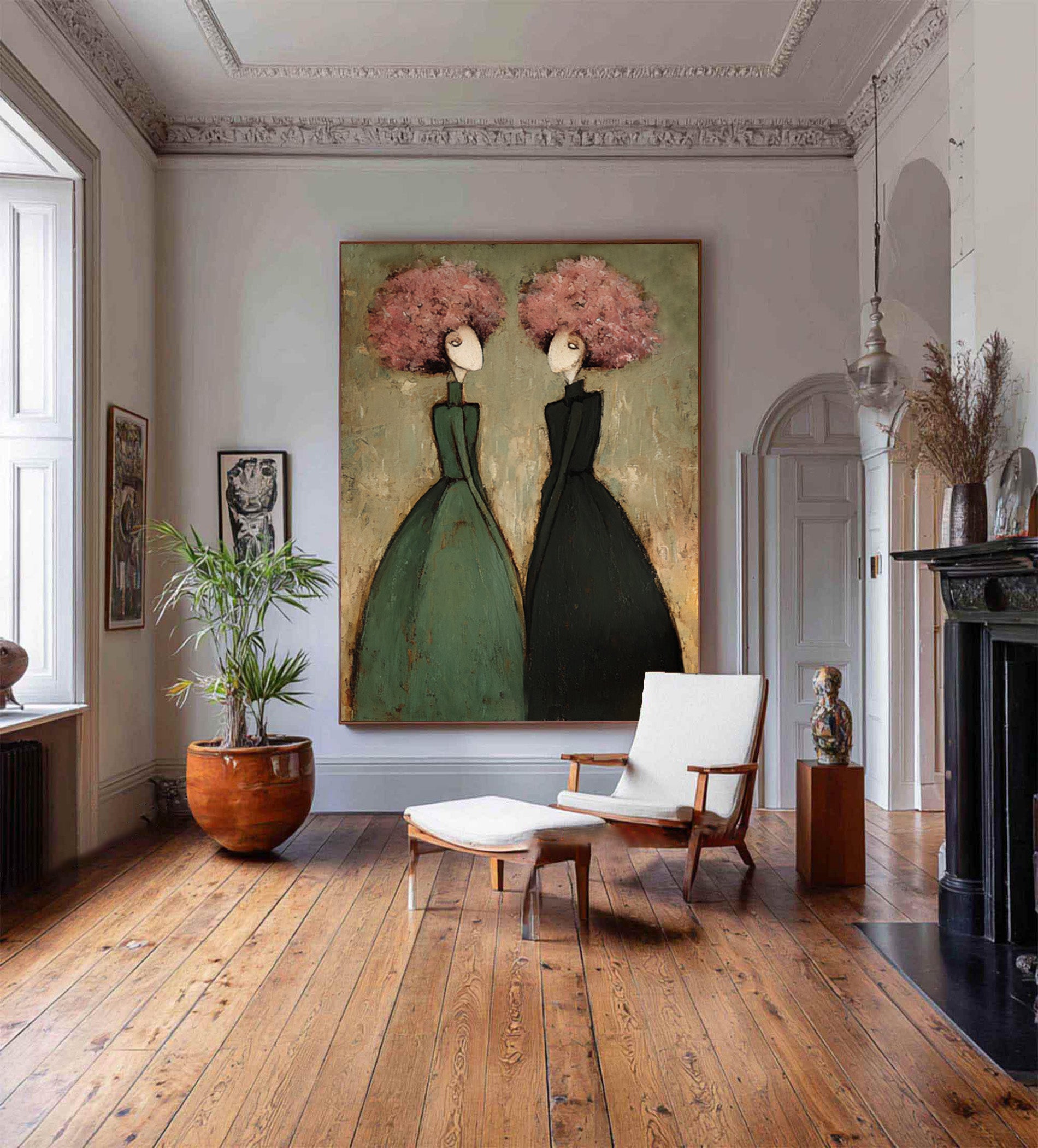 Green Figurative Oil Painting of Two Women #CZ 033