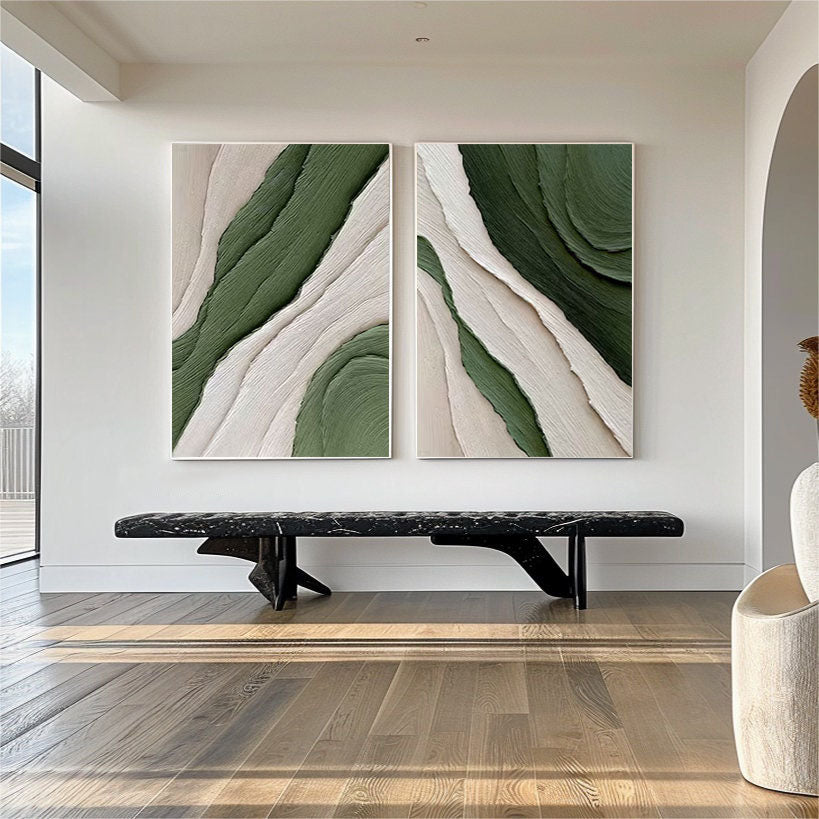 Modern Green and White Abstract Wall Art Dual Panel Design #MMAS 067