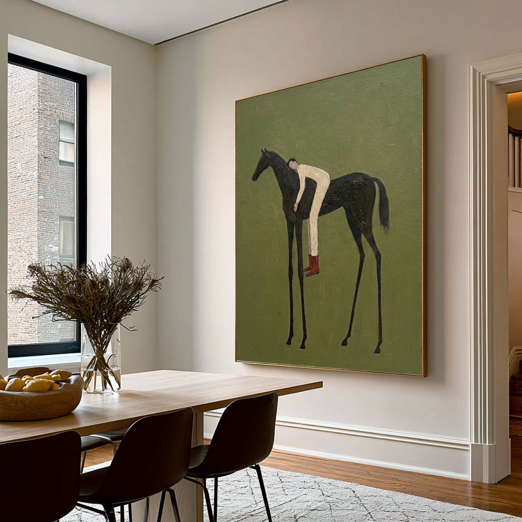 Large Minimal Equestrian Wall Art Horse Rider Oil Painting Cowboy Cowgirl Inspired Vintage Americana Western Artwork Modern Interior Decor
