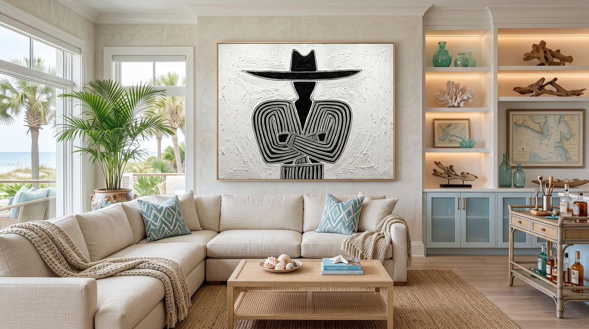 Large Textured Western Cowboy Painting Black White Rustic Wall Art
