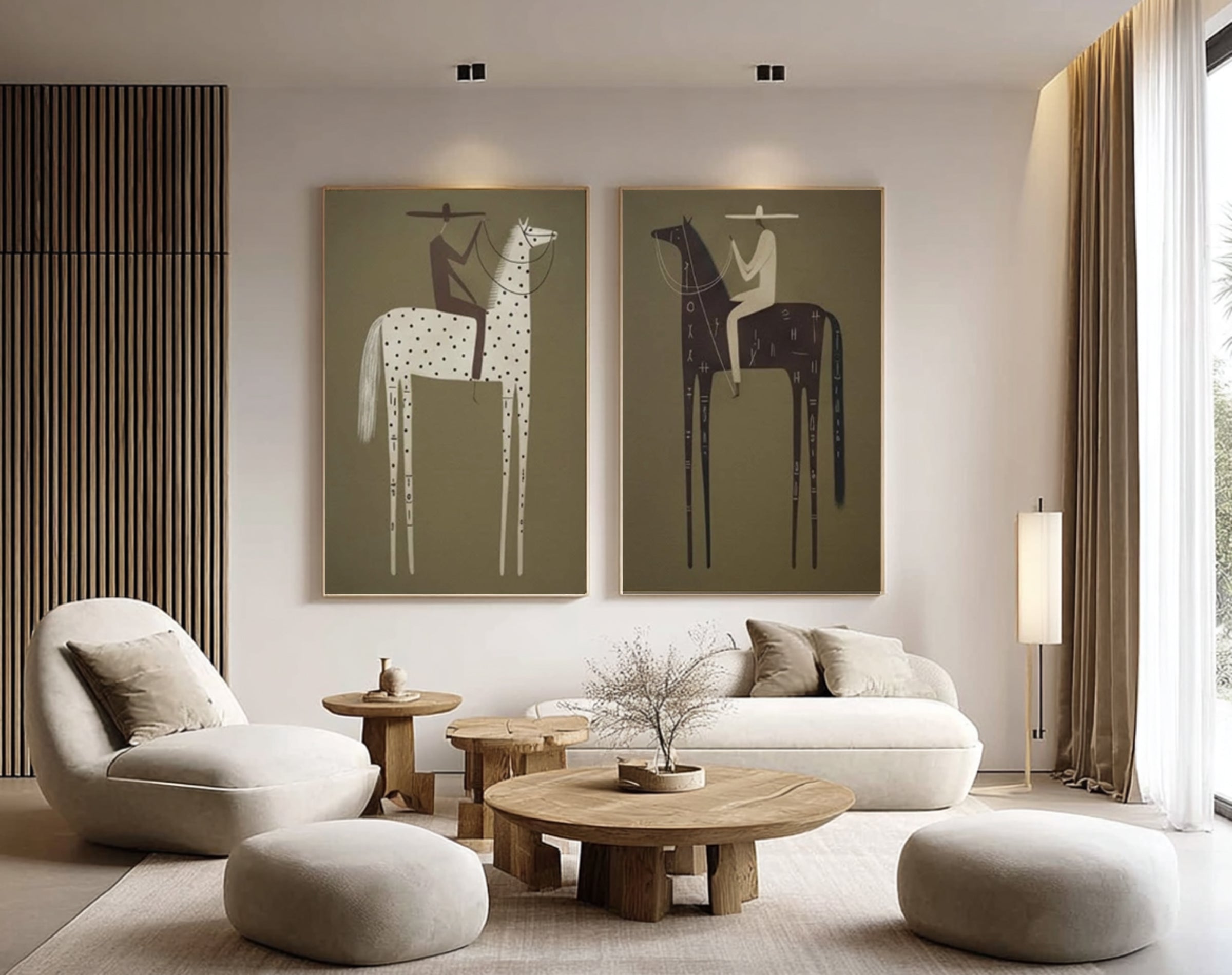 Large Bohemian Horse Rider Canvas Art Modern Neutral Diptych | KeiraArt