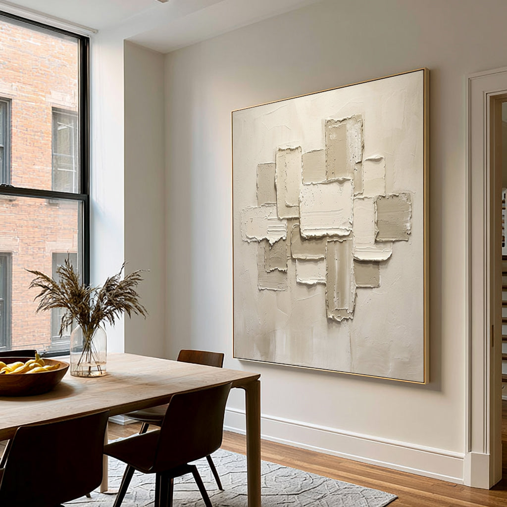 Large Modern Geometric Textured Abstract Wall Art White Beige 3D Relief Oil Painting Contemporary Sculptural Artwork Living Room Decor