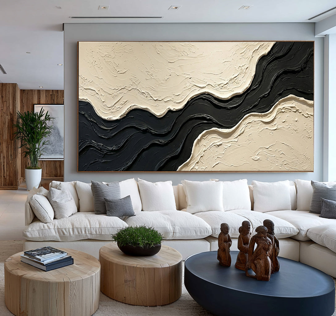 Large Contemporary Gallery Textured Abstract Wall Art Black Ivory Oil Painting Modern Luxury Interior Artwork