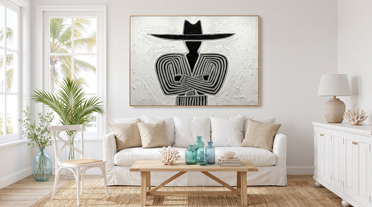 Large Textured Western Cowboy Painting Black White Rustic Wall Art