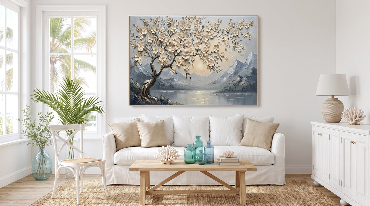 Large Textured Blossom Tree Painting Peaceful Mountain Lake Wall Art