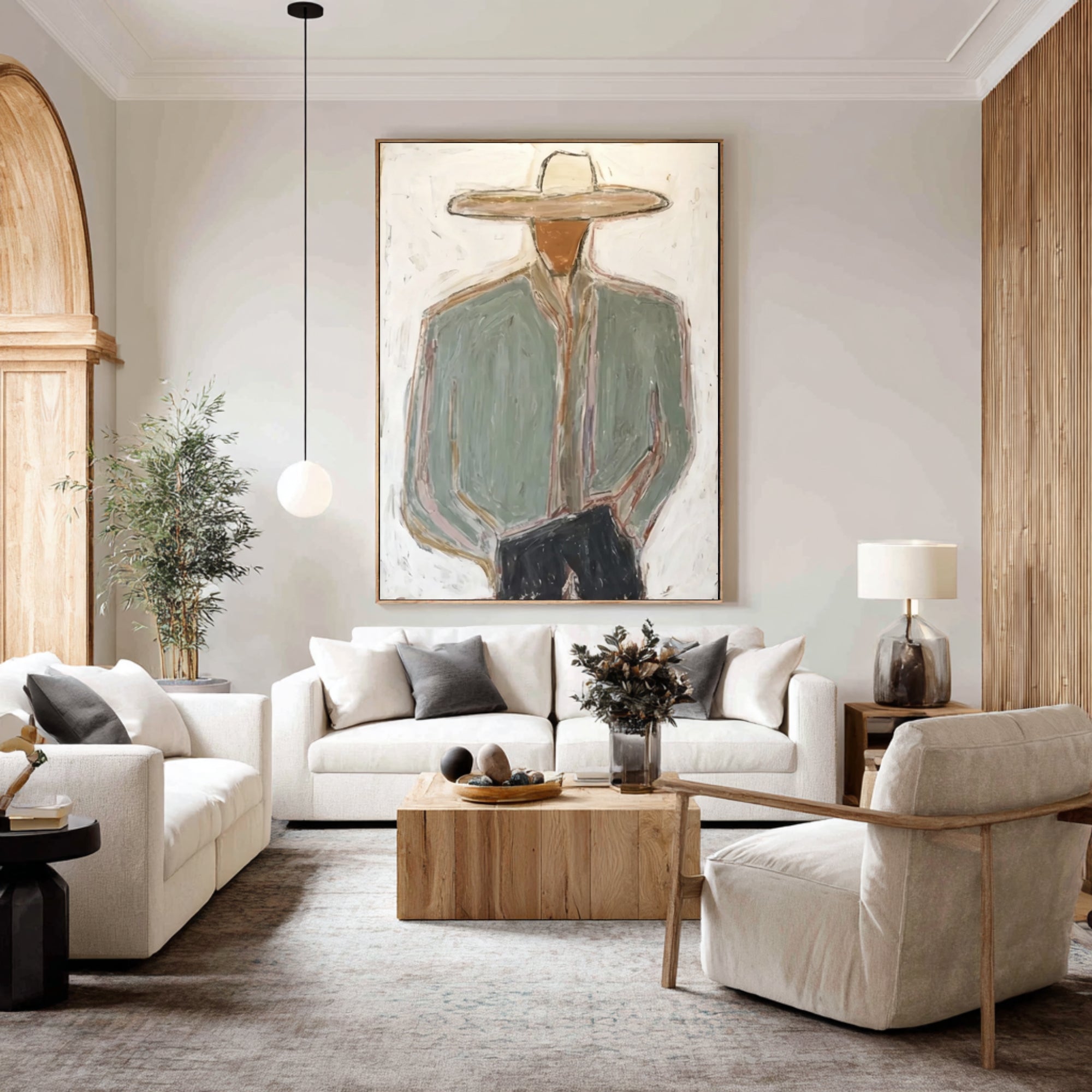 Contemporary Western Cowboy Portrait Painting Large Neutral Wall Decor